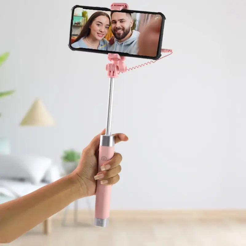 Wired Selfie Stick with Rearview Mirror – 78cm Extendable Foldable Phone Holder with Shutter Button for Android & iOS