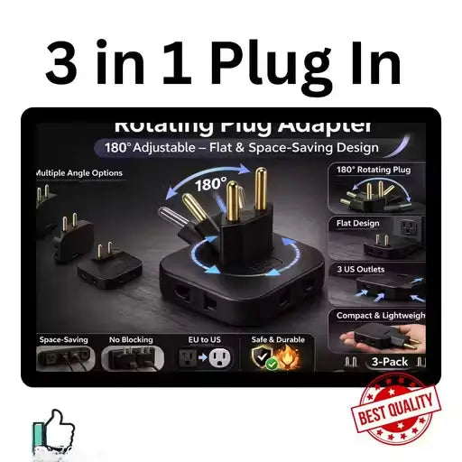 3 in 1 Universal Rotating Plug Adapter 180 Degree Multi Angle Power Converter with 3 Sockets for Home and Travel