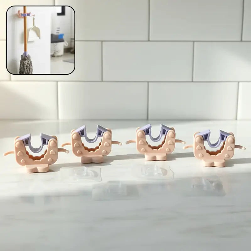 Wall Mounted Broom & Mop Holder Clips with Strong Adhesive for Home Organization (4 Pc Set)