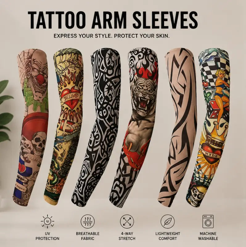 Fake Tattoo Printed Arm Sleeves – Stretchable UV Protection Arm Cover (6 Pairs)