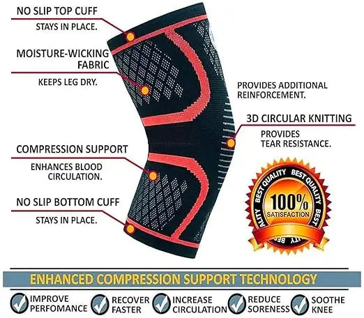 Knee Sleeve, 1 pair Compression Fit Support -for Joint Pain and Arthritis Relief, Improved Circulation Compression - Wear Anywhere (Black,Red)