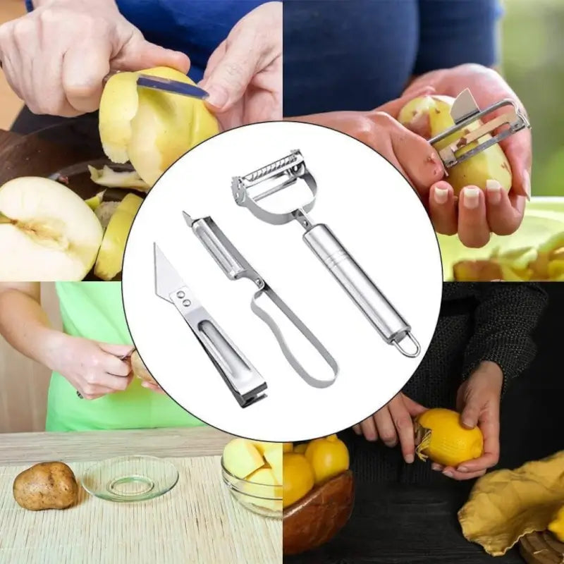 3 in 1 Stainless Steel Vegetable & Fruit Peeler Set with Julienne Slicer and Cutter Multipurpose Kitchen Peeling Tool (3 Pcs Set)