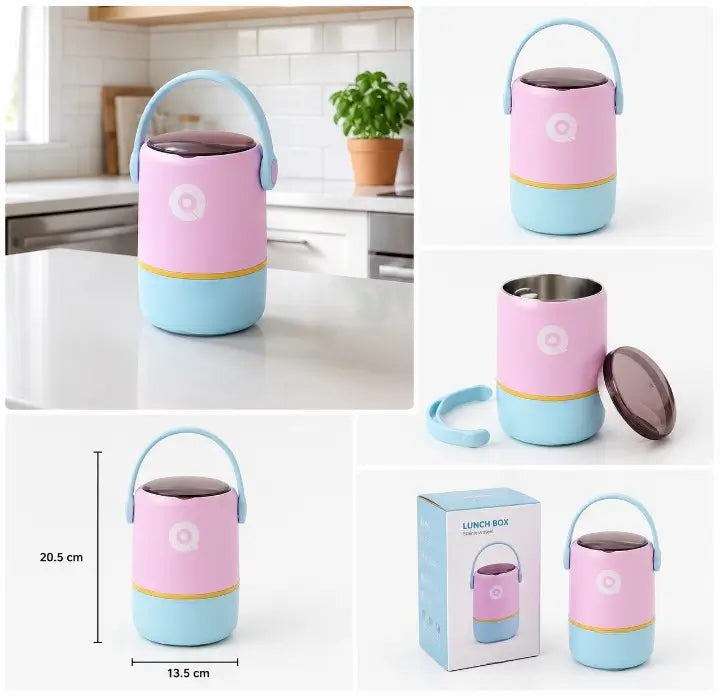 Insulated Stainless Steel Lunch Box with Spoon | 2-Tier Stackable Leak-Proof Hot & Cold Tiffin Box | Portable Food Container for Office, School & Travel | 580ml | Purple Aqua